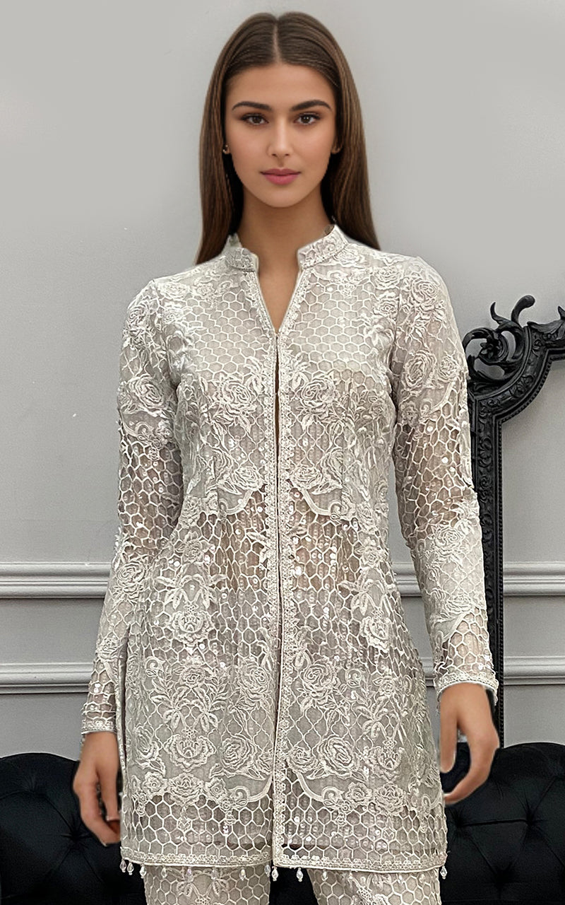 Pakistani Ivory Embroidered Net Jacket and Trouser (2-Piece) - Image 2