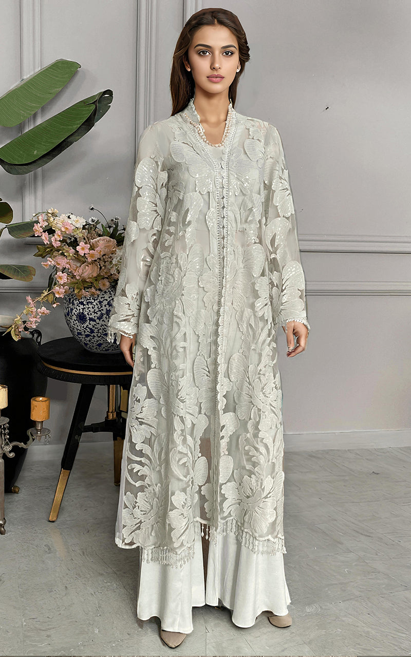 Ivory Embroidered Net Long Jacket with Trousers (2-Piece) - Image 1