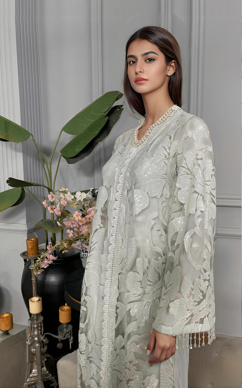 Ivory Embroidered Net Long Jacket with Trousers (2-Piece) - Image 2