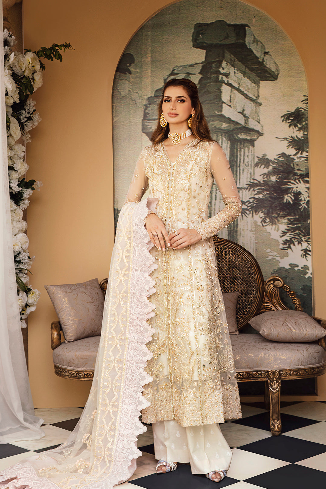 Ivory Gold Embroidered Net Salwar Kameez (3-Piece) - Image 1