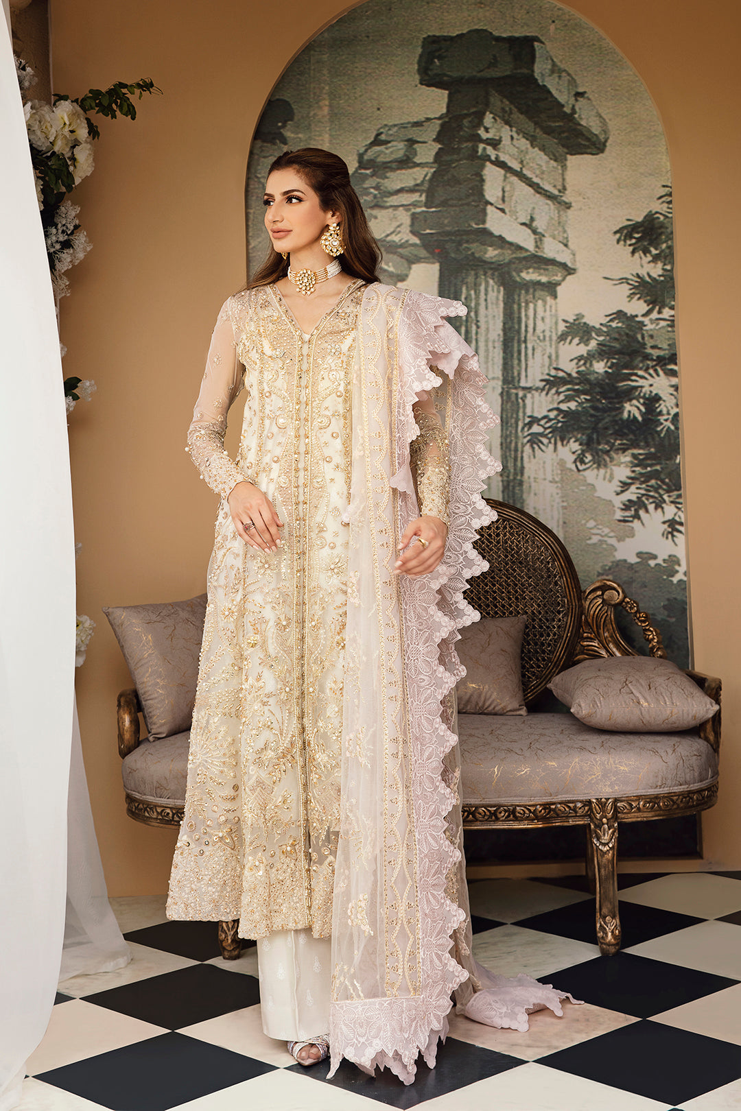 Ivory Gold Embroidered Net Salwar Kameez (3-Piece) - Image 2