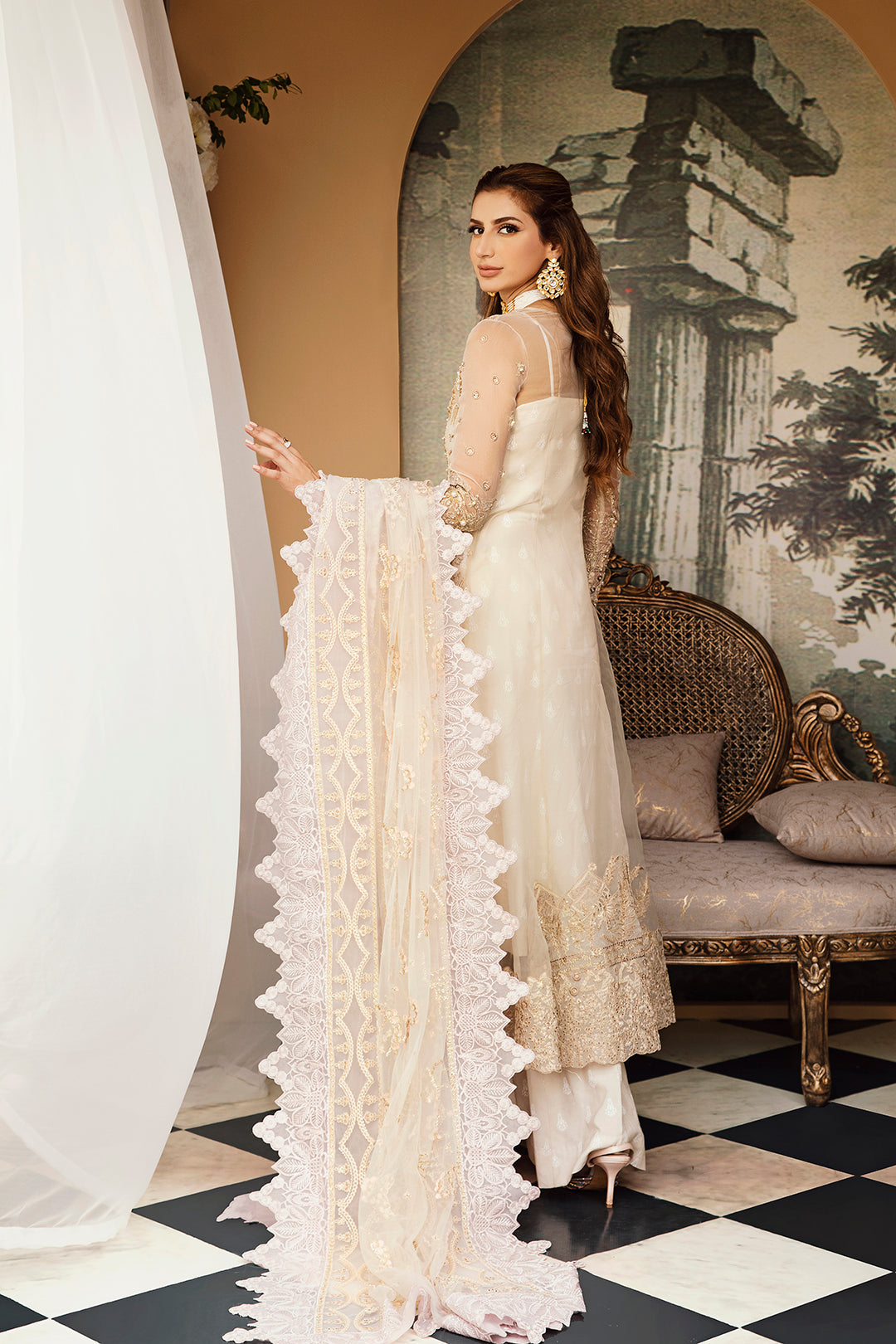 Ivory Gold Embroidered Net Salwar Kameez (3-Piece) - Image 3