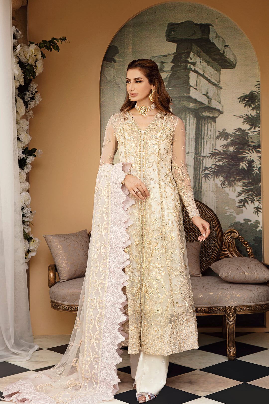 Ivory Gold Embroidered Net Salwar Kameez (3-Piece) - Image 4