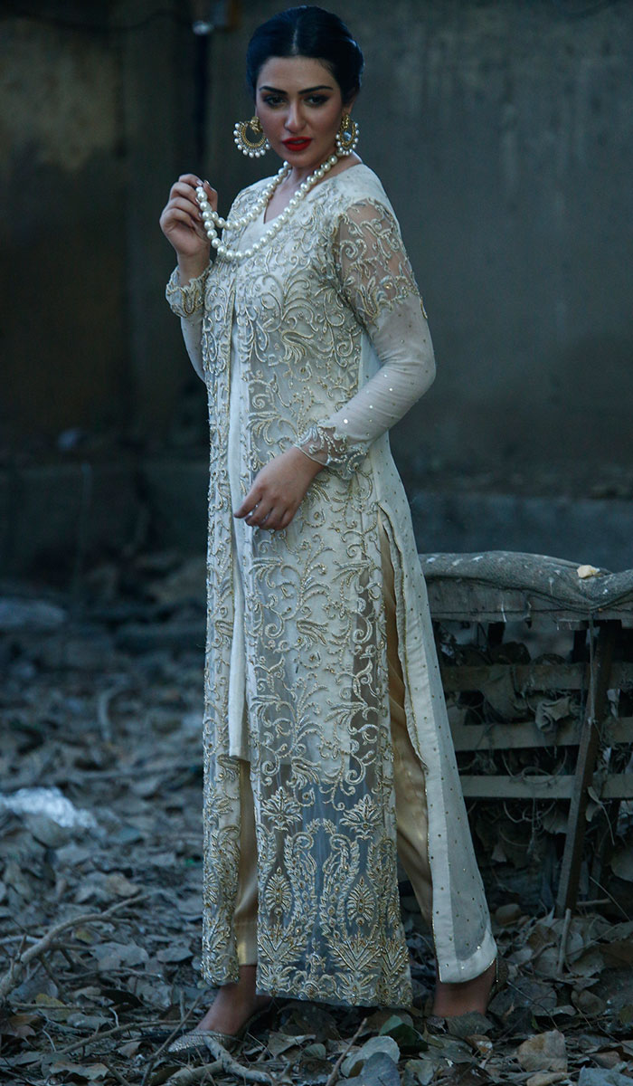 Ivory Gold Embroidered Net Salwar Kameez (2-Piece) - Image 1