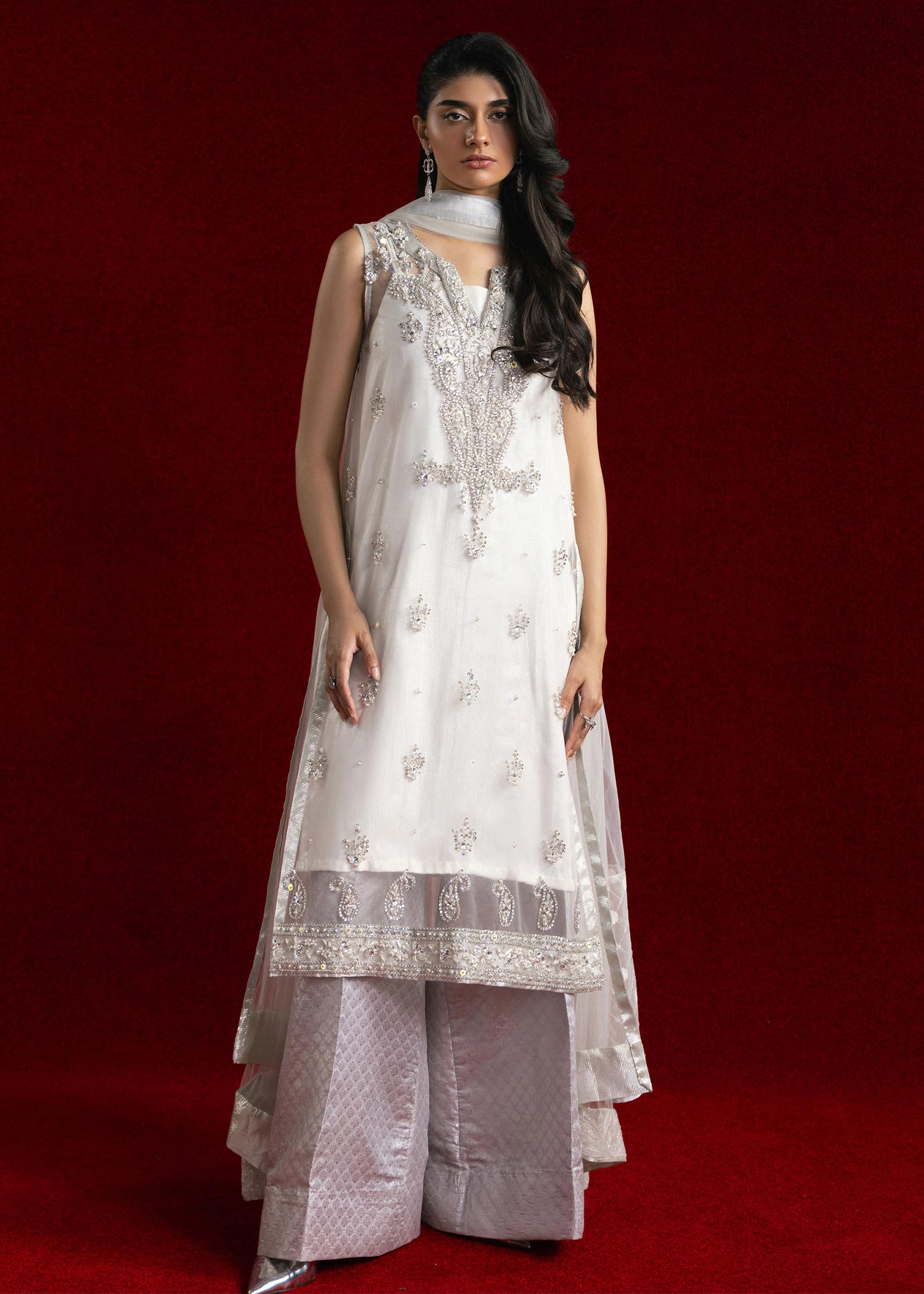 Ivory Embellished Net High-Low Salwar Kameez (3-Piece) - Image 2