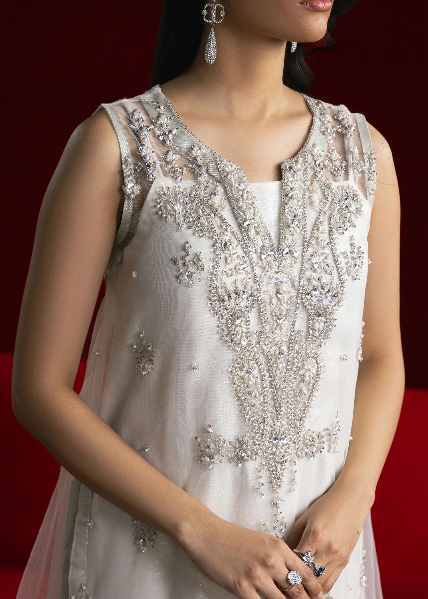 Ivory Embellished Net High-Low Salwar Kameez (3-Piece) - Image 3