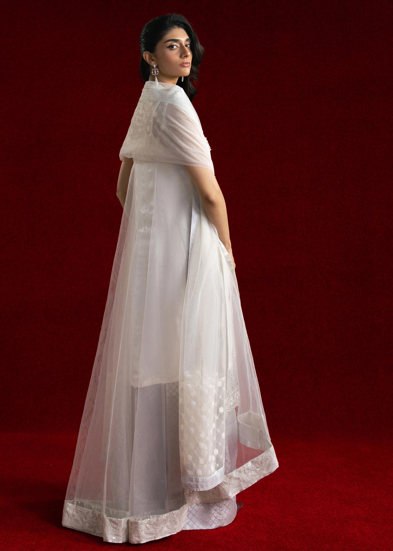 Ivory Embellished Net High-Low Salwar Kameez (3-Piece) - Image 5