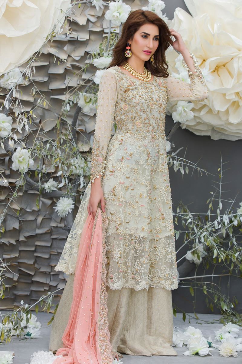 Pakistani Off-White Zardozi Net Salwar Kameez (3-Piece) - Image 1