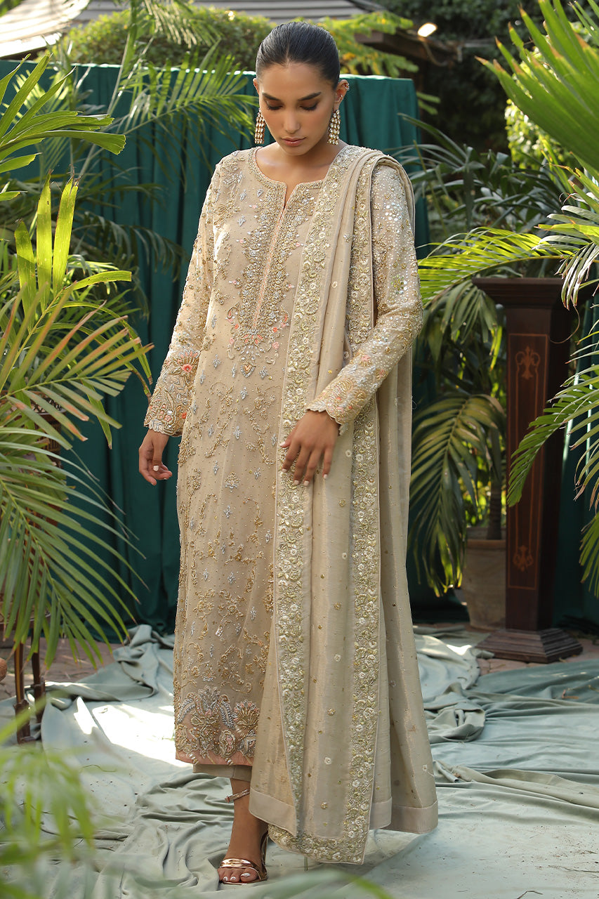 Deep Ivory Handworked Net Salwar Kameez (3-Piece) - Image 3