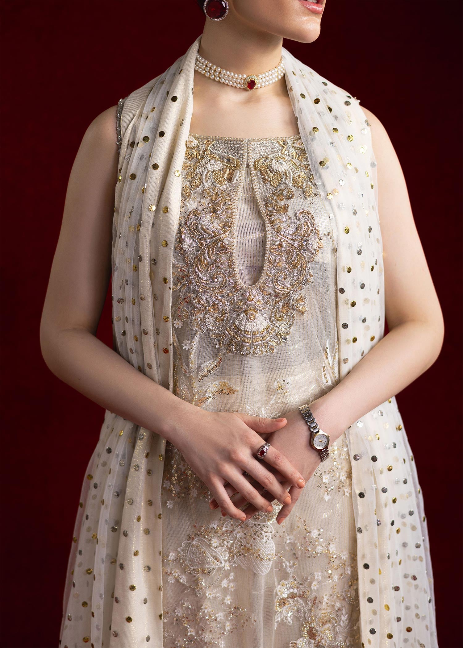 Ivory Hand-Embellished Net Salwar Kameez (3-Piece) - Image 2