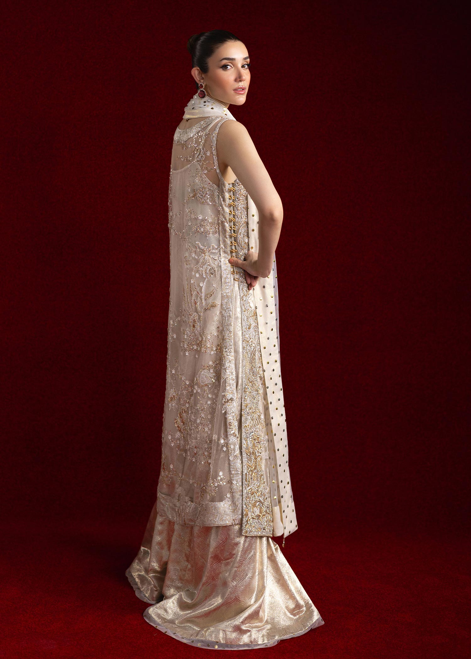 Ivory Hand-Embellished Net Salwar Kameez (3-Piece) - Image 3