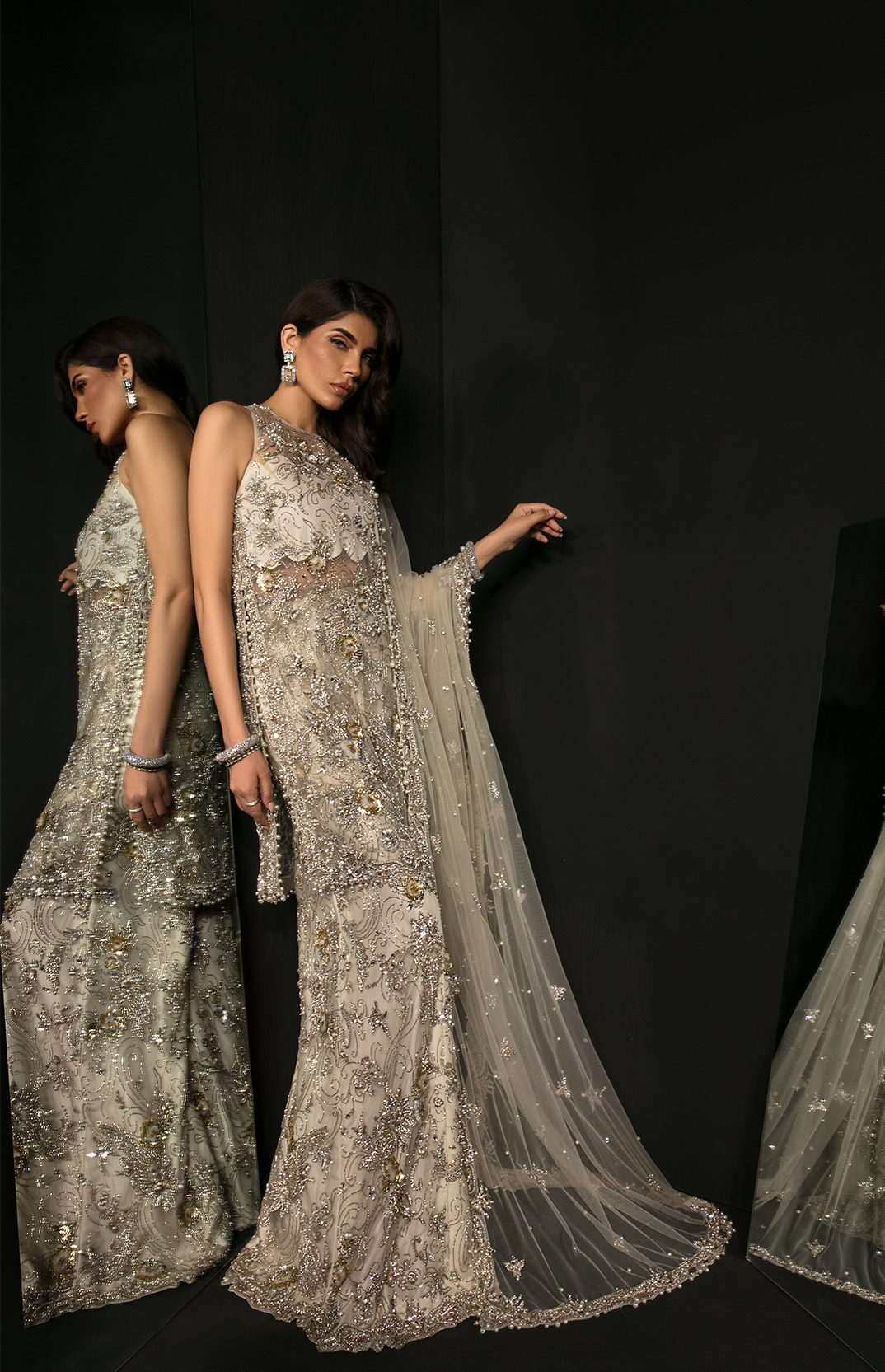 Pakistani Ivory-Grey Embellished Net Salwar Kameez (3-Piece) - Image 1