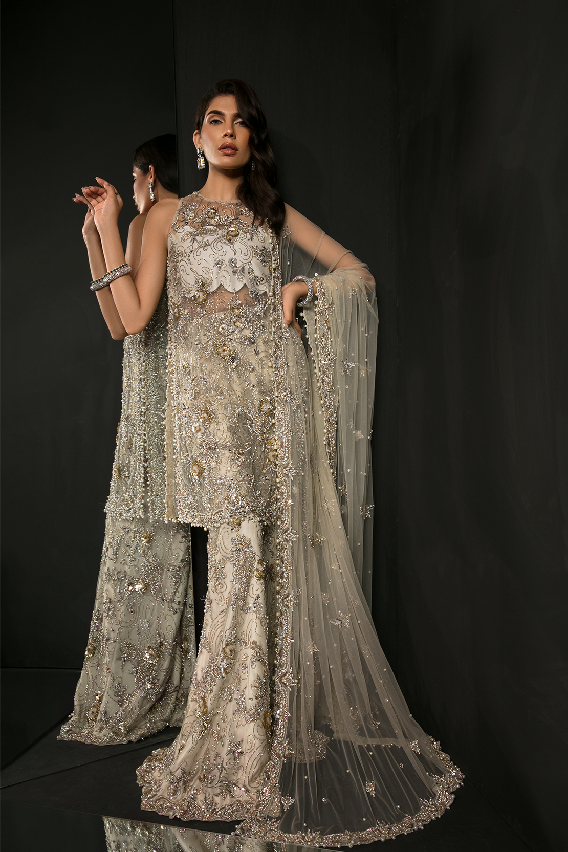 Pakistani Ivory-Grey Embellished Net Salwar Kameez (3-Piece) - Image 2