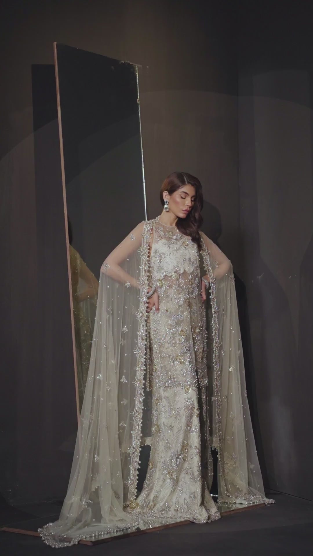 Pakistani Ivory-Grey Embellished Net Salwar Kameez (3-Piece) - Image 6