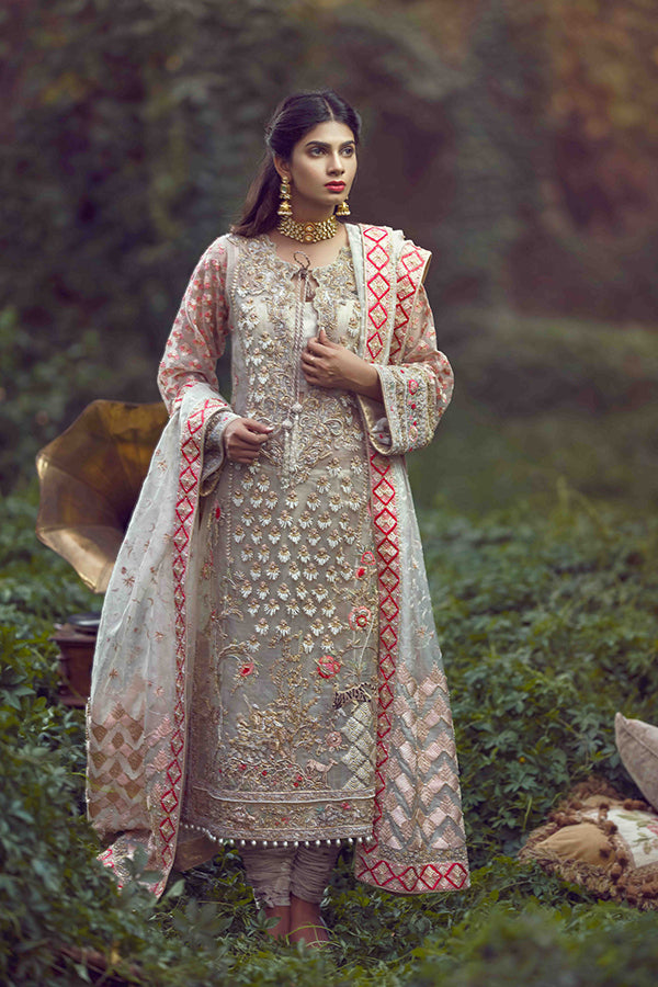 Pakistani Off-White Phulkari Embroidered Net Organza Salwar Kameez (3-Piece) - Image 1