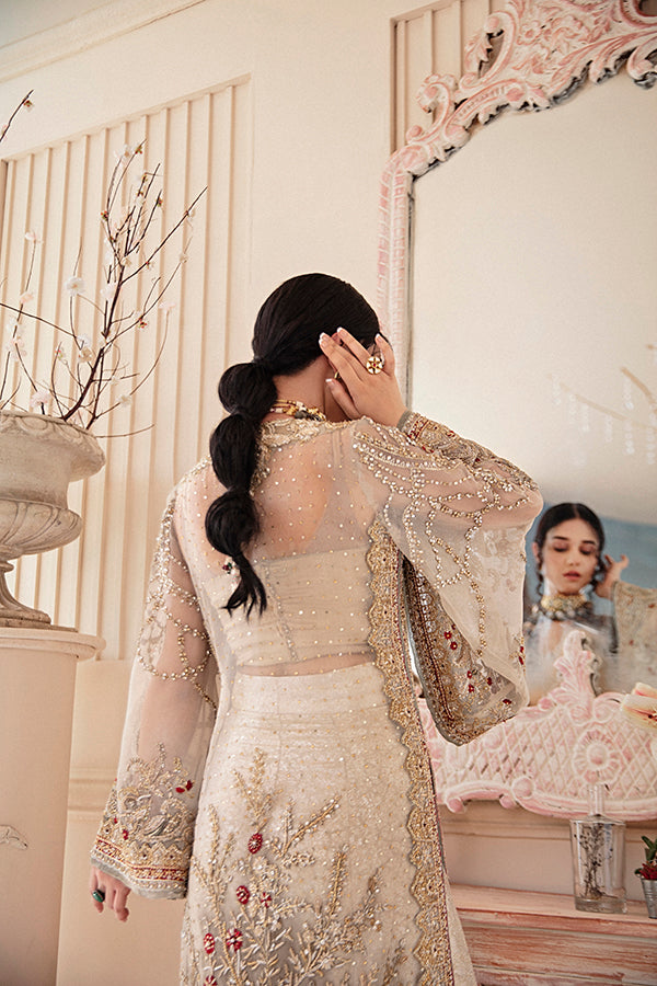 Pakistani Ivory Embroidered Net Organza Shirt with Jamawar Azaar (2-Piece) - Image 5