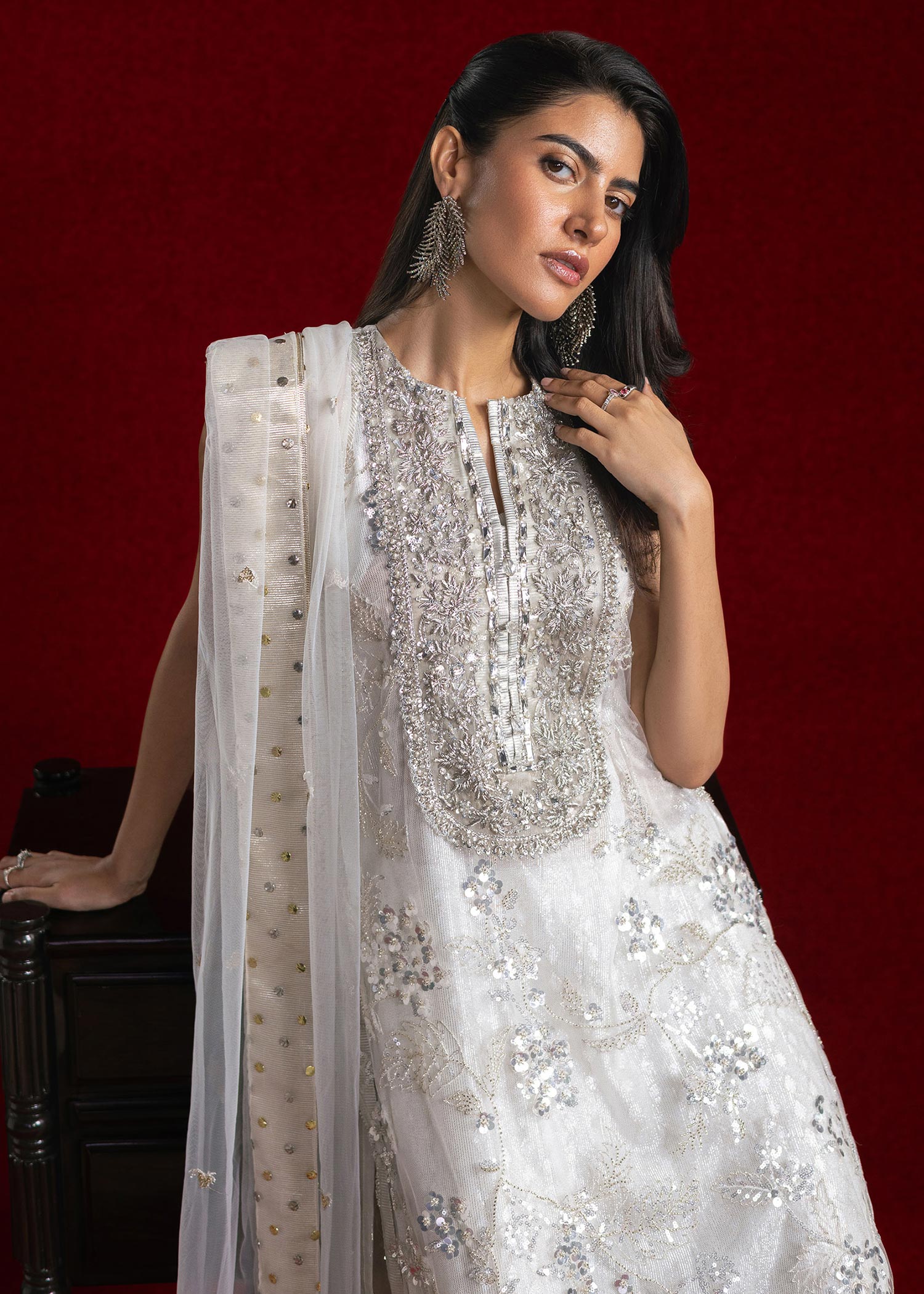 Ivory Embroidered Net Halter-Neck Salwar Kameez (3-Piece) - Image 1