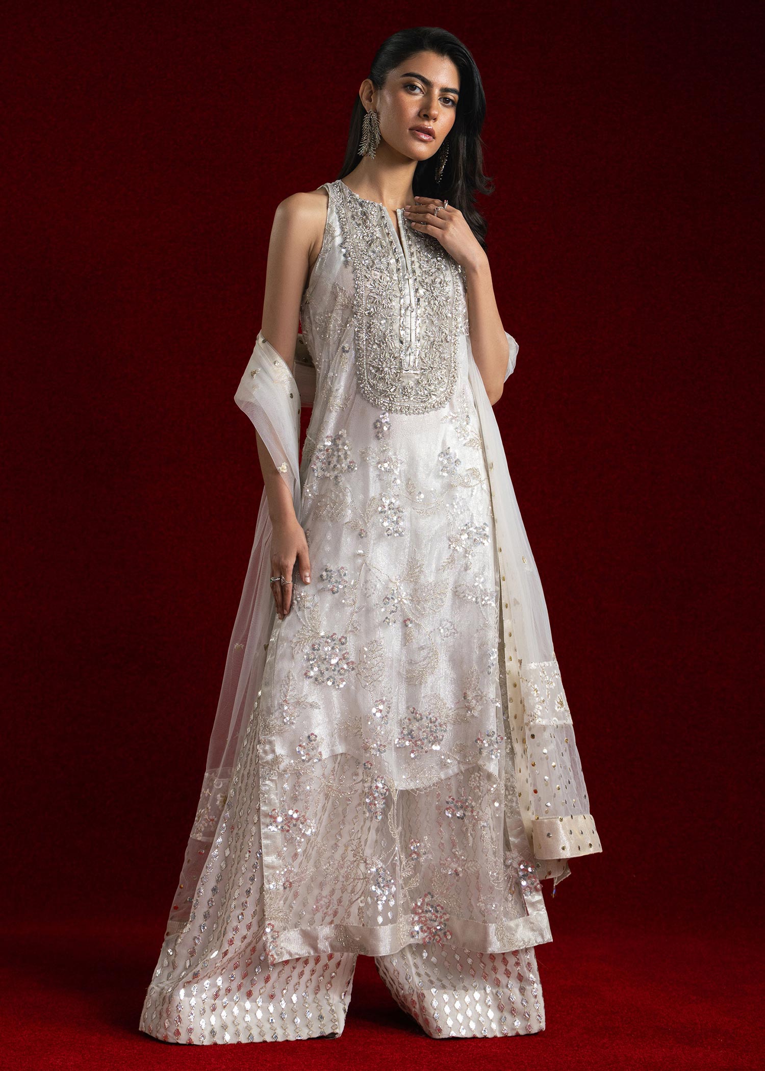 Ivory Embroidered Net Halter-Neck Salwar Kameez (3-Piece) - Image 2