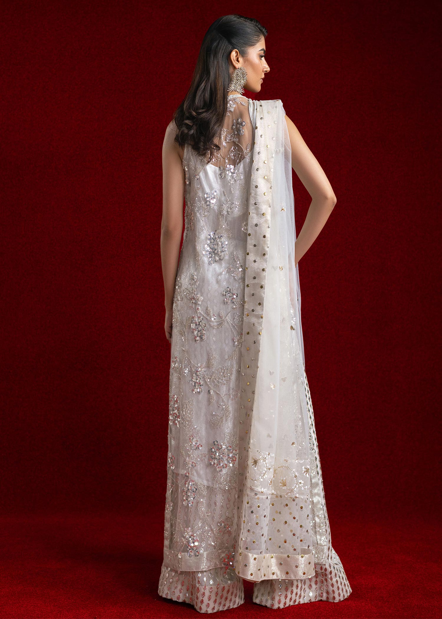 Ivory Embroidered Net Halter-Neck Salwar Kameez (3-Piece) - Image 4