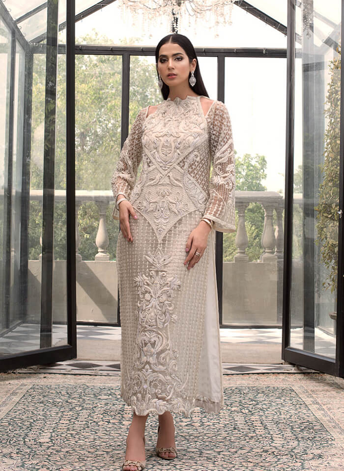 Ivory Hand-Embroidered Net Kameez with Silk Trousers (2-Piece) - Image 1