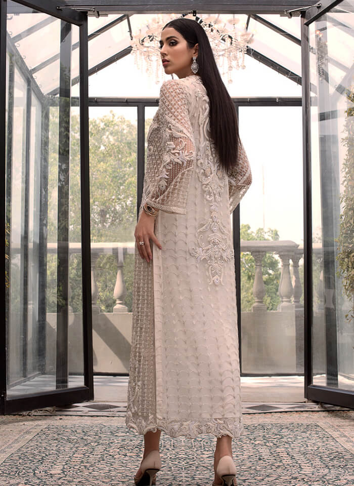 Ivory Hand-Embroidered Net Kameez with Silk Trousers (2-Piece) - Image 2