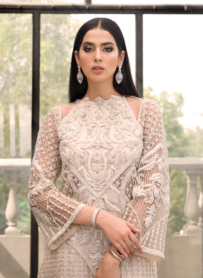 Ivory Hand-Embroidered Net Kameez with Silk Trousers (2-Piece) - Image 3