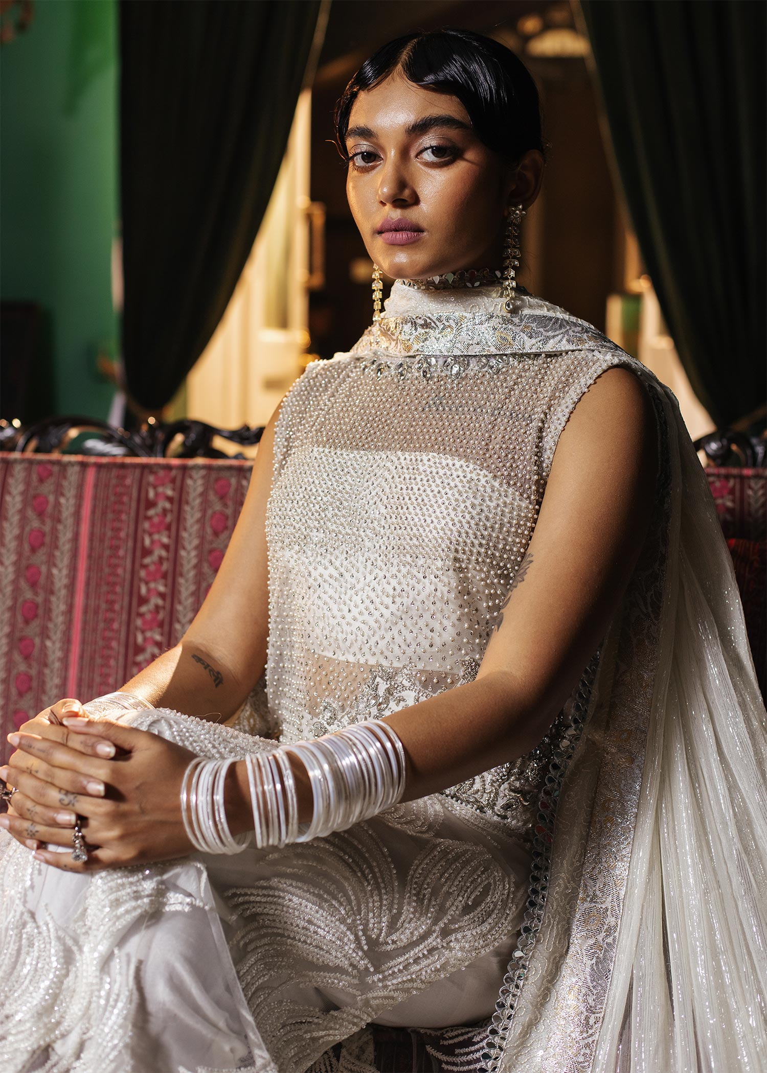 Ivory Hand-Embellished Net & Raw Silk Salwar Kameez (3-Piece) - Image 2