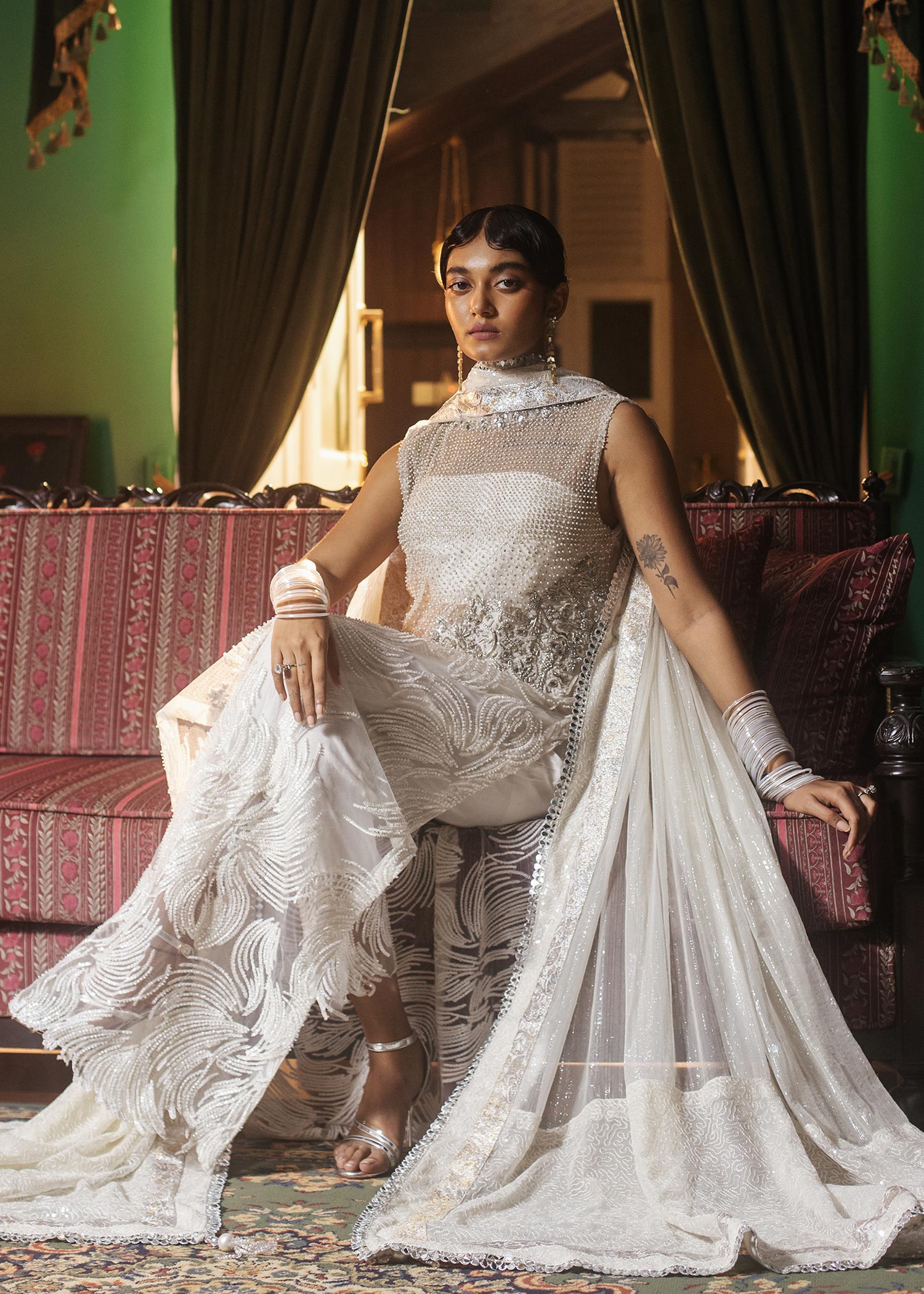 Ivory Hand-Embellished Net & Raw Silk Salwar Kameez (3-Piece) - Image 4