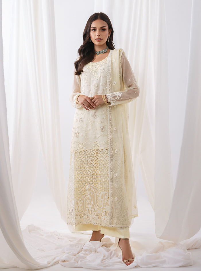 Pakistani Ivory Embroidered Net Salwar Kameez (3-Piece) - Image 1