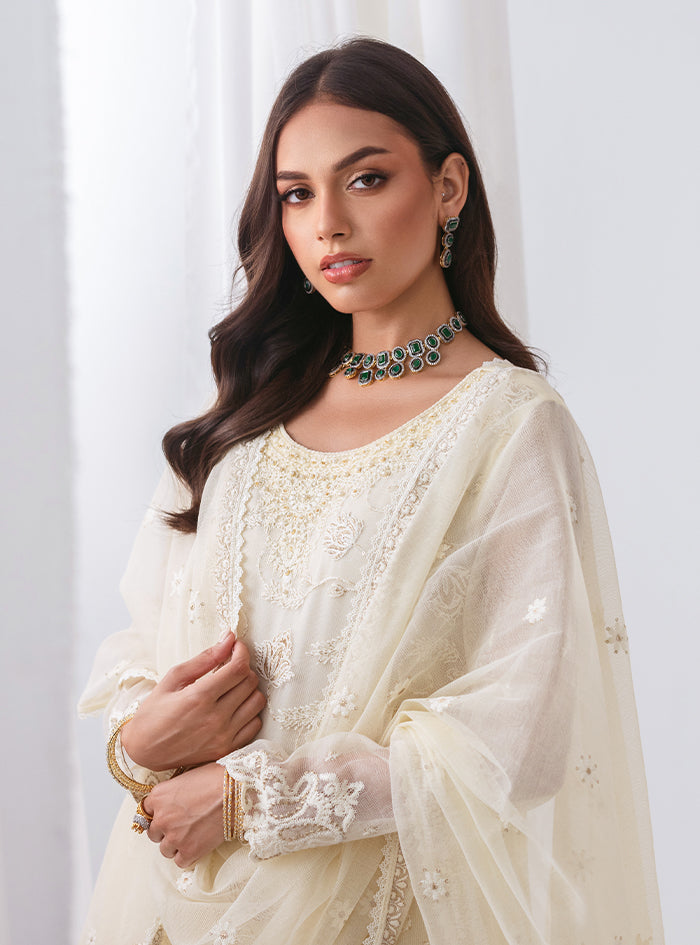 Pakistani Ivory Embroidered Net Salwar Kameez (3-Piece) - Image 8