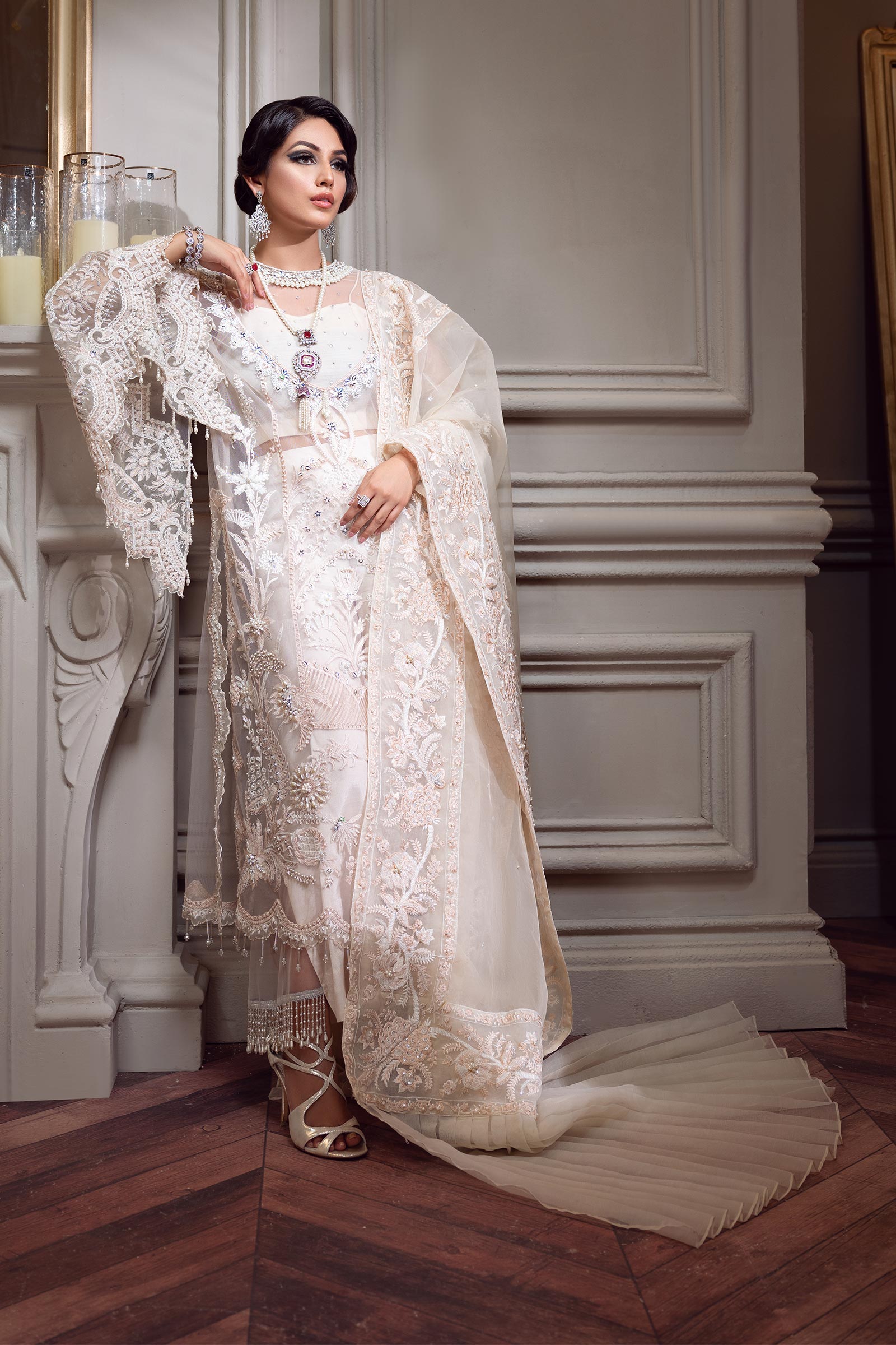 Pakistani Ivory Handworked Net Salwar Kameez (4-Piece) - Image 1