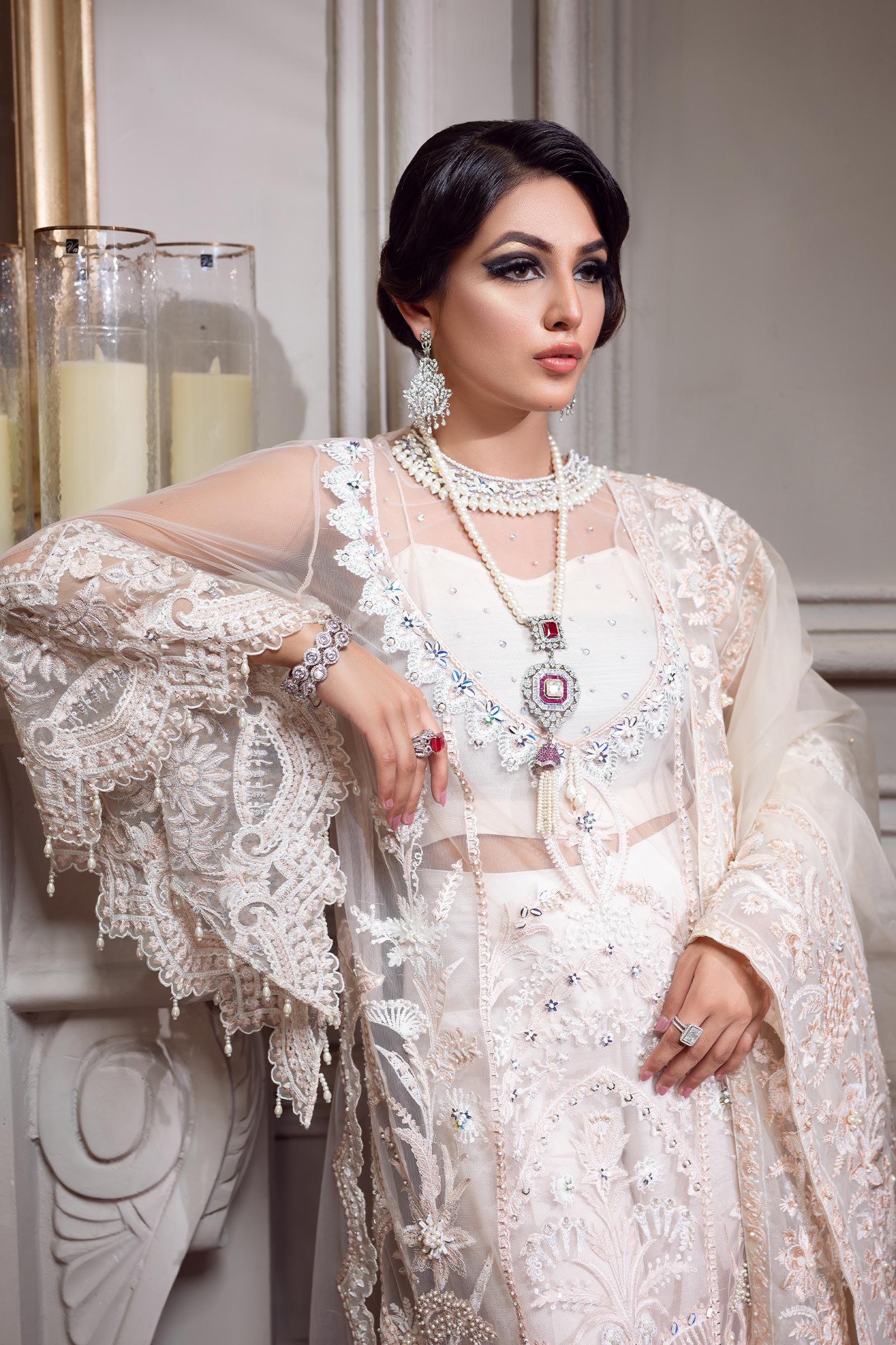 Pakistani Ivory Handworked Net Salwar Kameez (4-Piece) - Image 2
