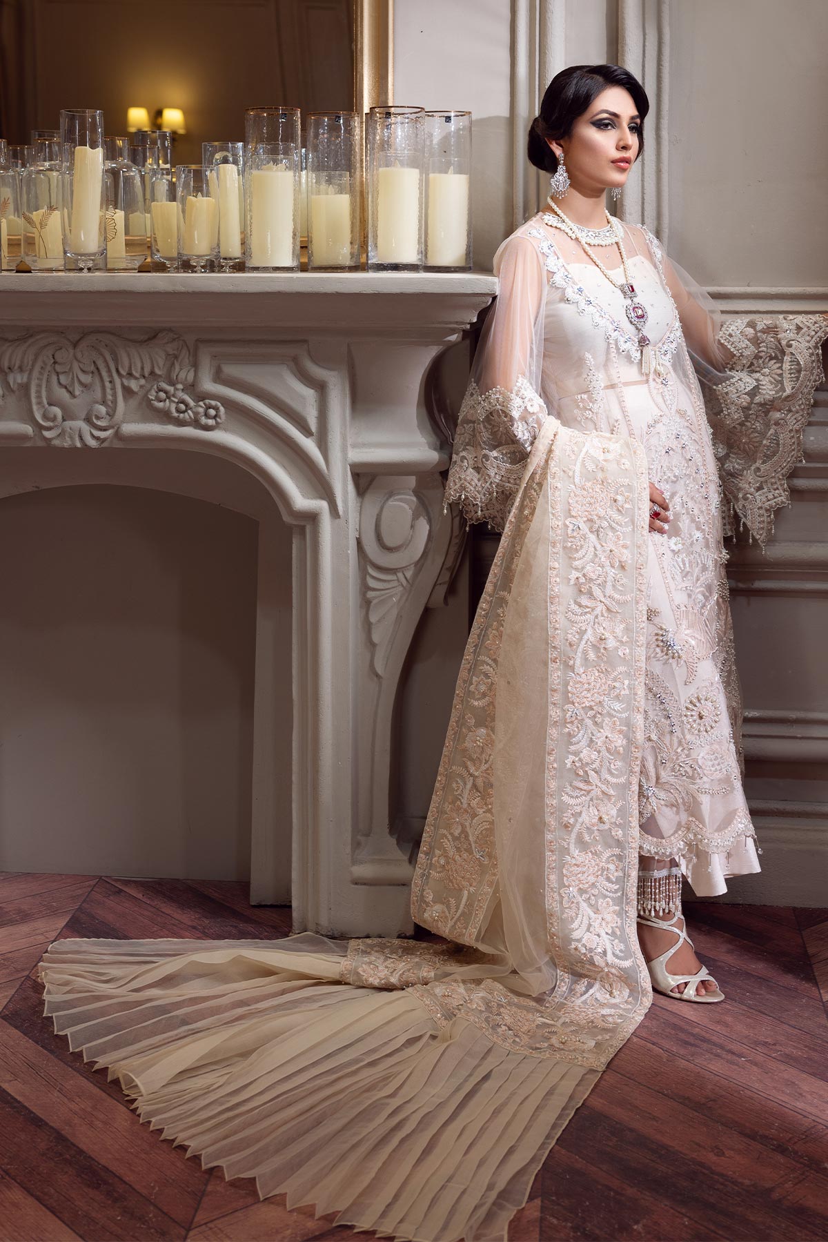 Pakistani Ivory Handworked Net Salwar Kameez (4-Piece) - Image 4