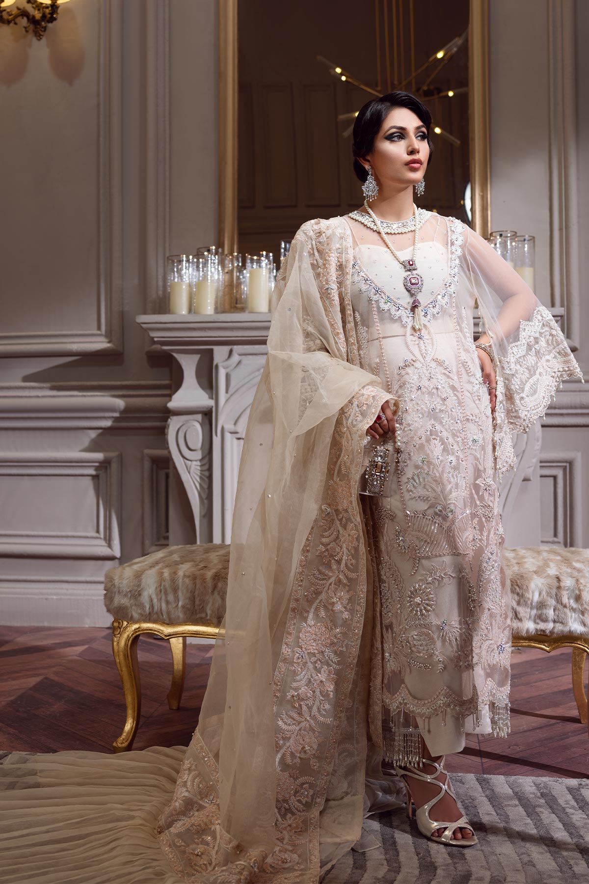 Pakistani Ivory Handworked Net Salwar Kameez (4-Piece) - Image 5