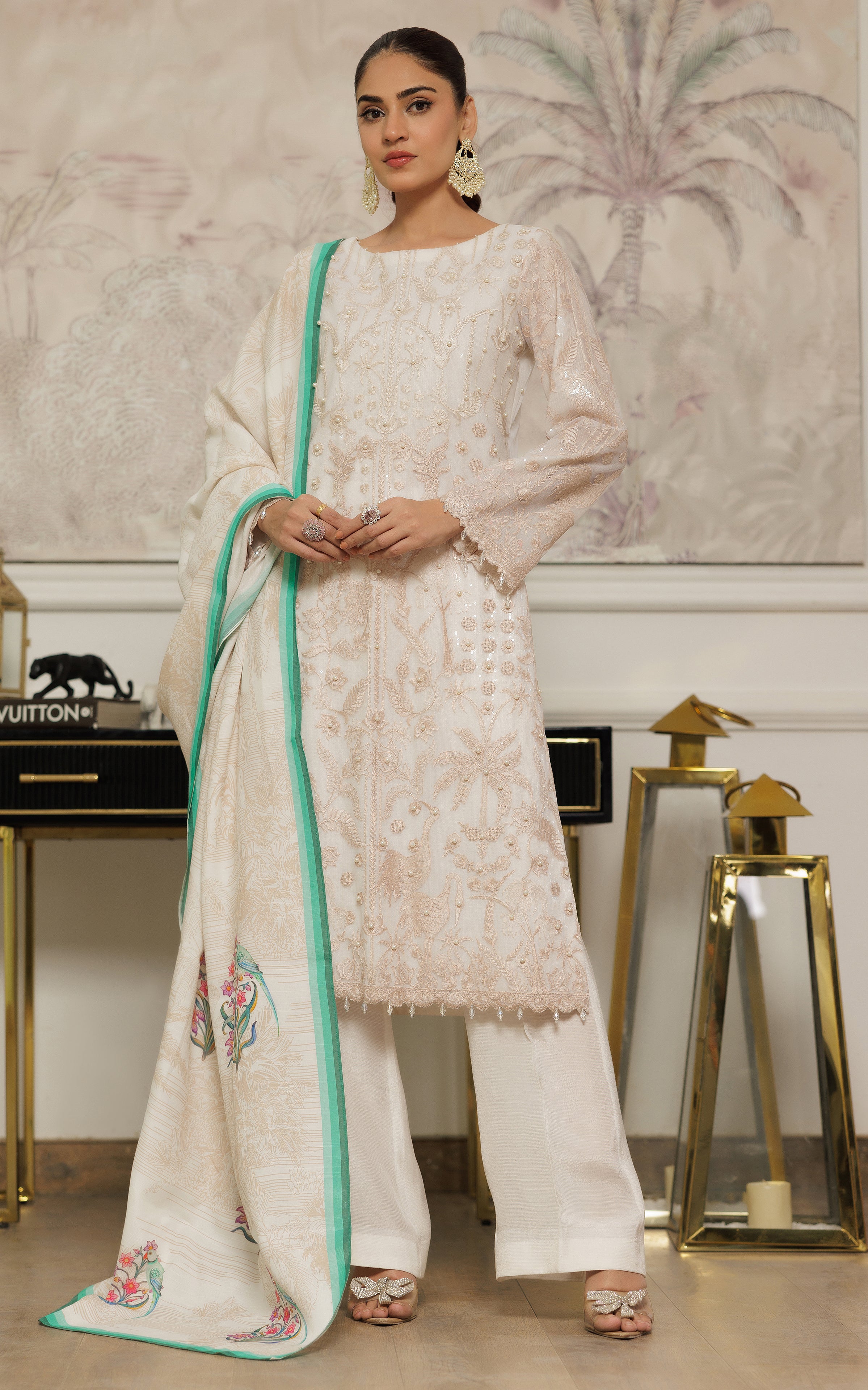 Ivory Embroidered Net Salwar Kameez (3-Piece) - Image 1
