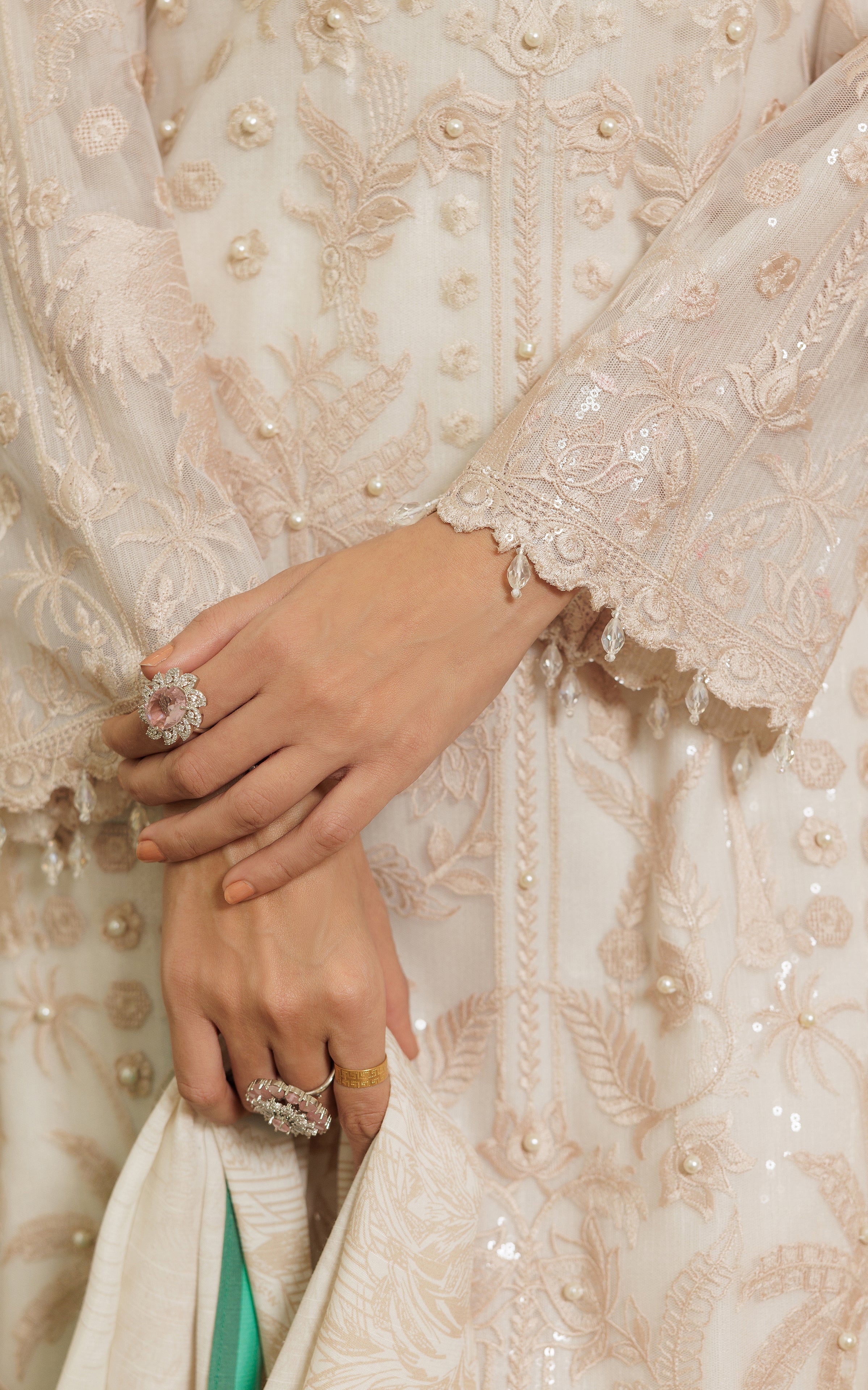 Ivory Embroidered Net Salwar Kameez (3-Piece) - Image 2