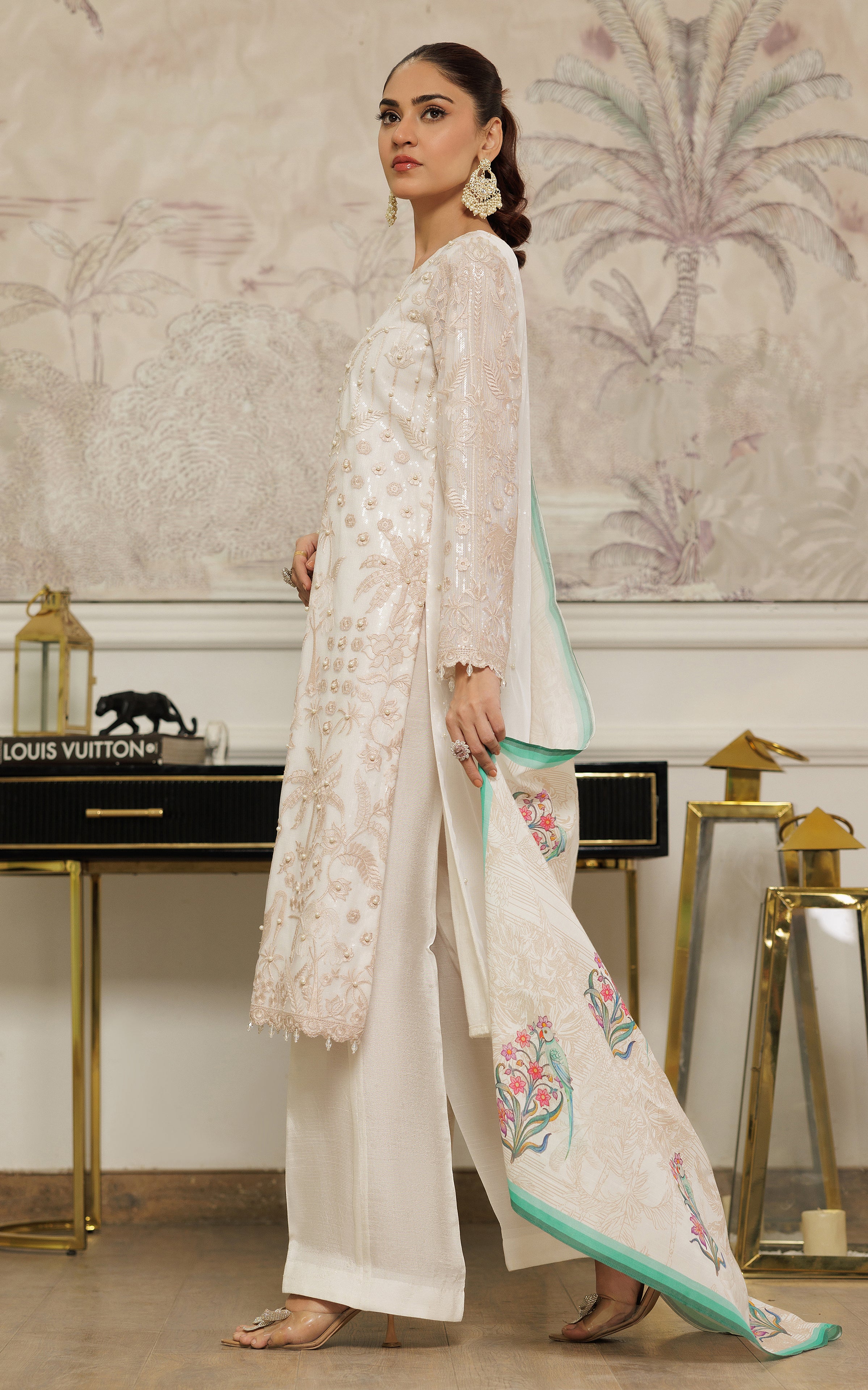 Ivory Embroidered Net Salwar Kameez (3-Piece) - Image 3