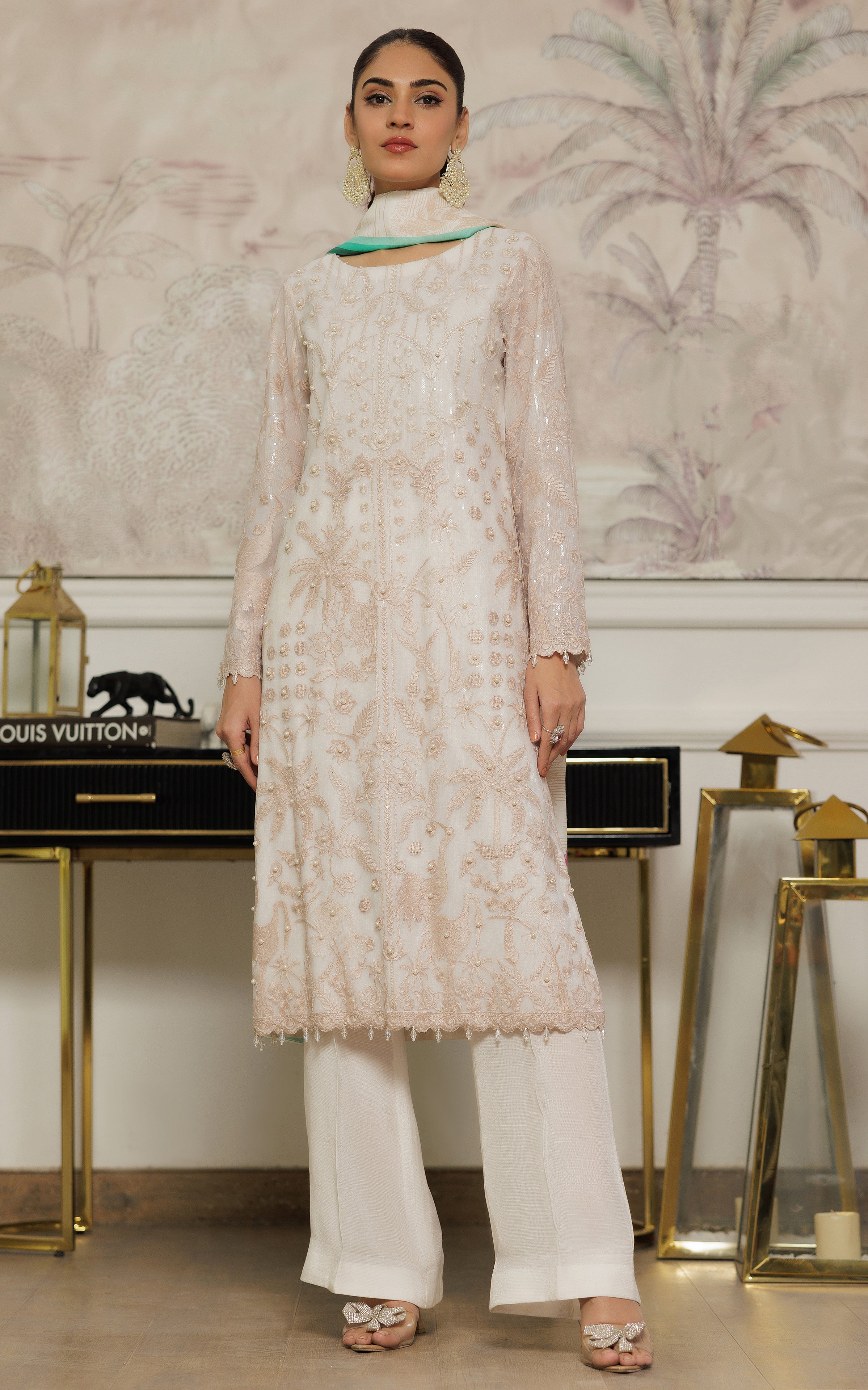 Ivory Embroidered Net Salwar Kameez (3-Piece) - Image 6