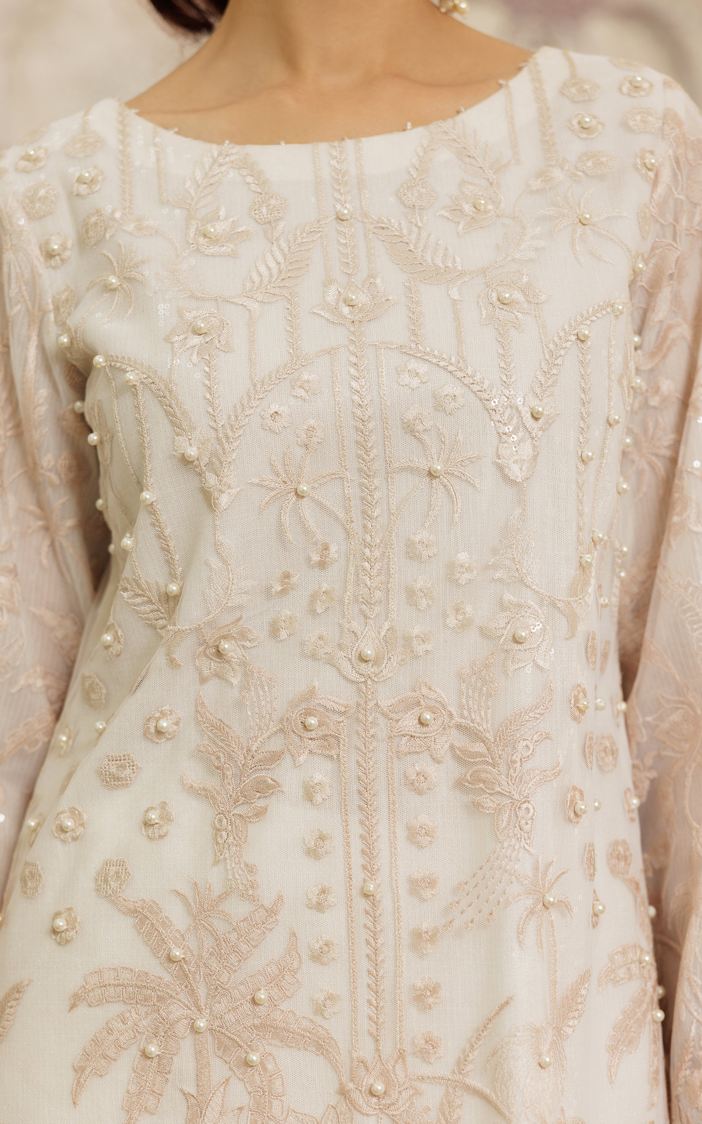 Ivory Embroidered Net Salwar Kameez (3-Piece) - Image 7