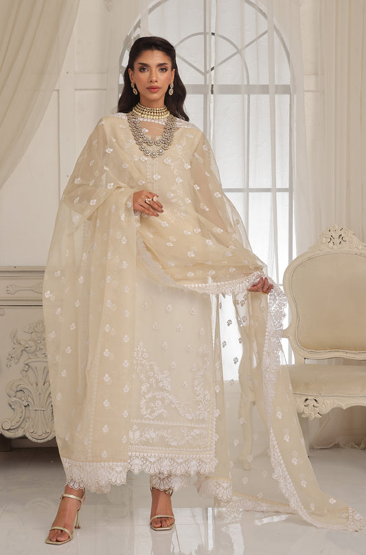 Pakistani Ivory Embroidered Net Salwar Kameez (3-Piece) - Image 3