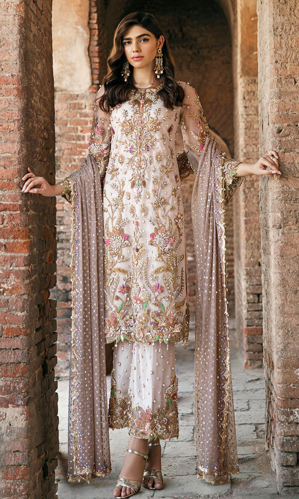 Pakistani Ivory Zardozi Net Salwar Kameez (3-Piece) - Image 2