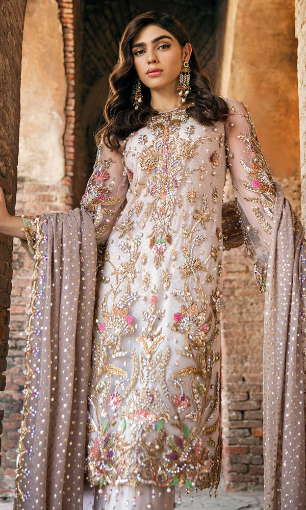 Pakistani Ivory Zardozi Net Salwar Kameez (3-Piece) - Image 3