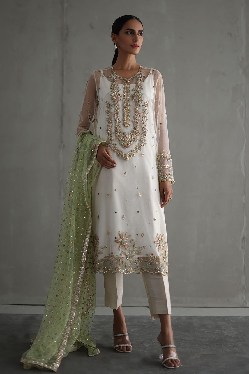 Ivory Embroidered Net Salwar Kameez (3-Piece) - Image 1