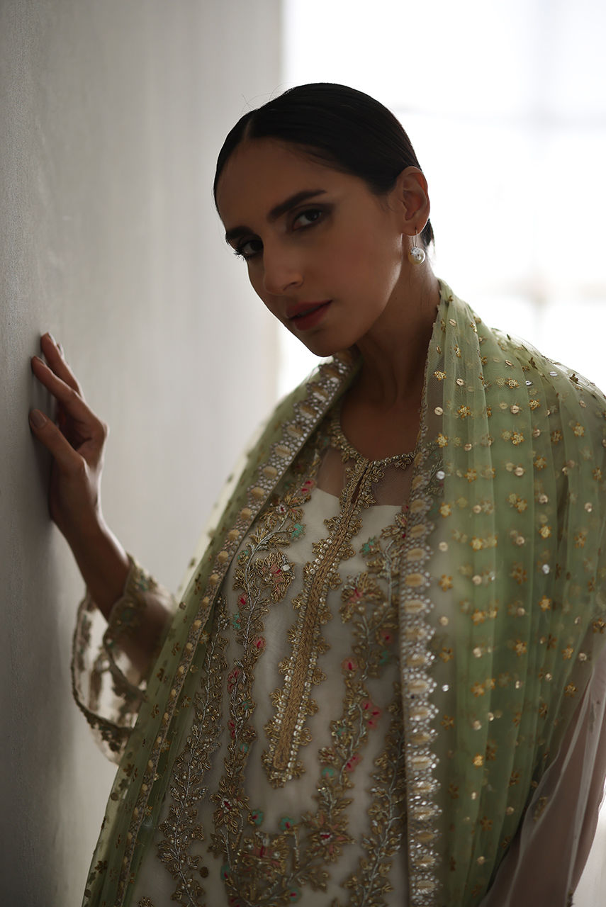 Ivory Embroidered Net Salwar Kameez (3-Piece) - Image 2