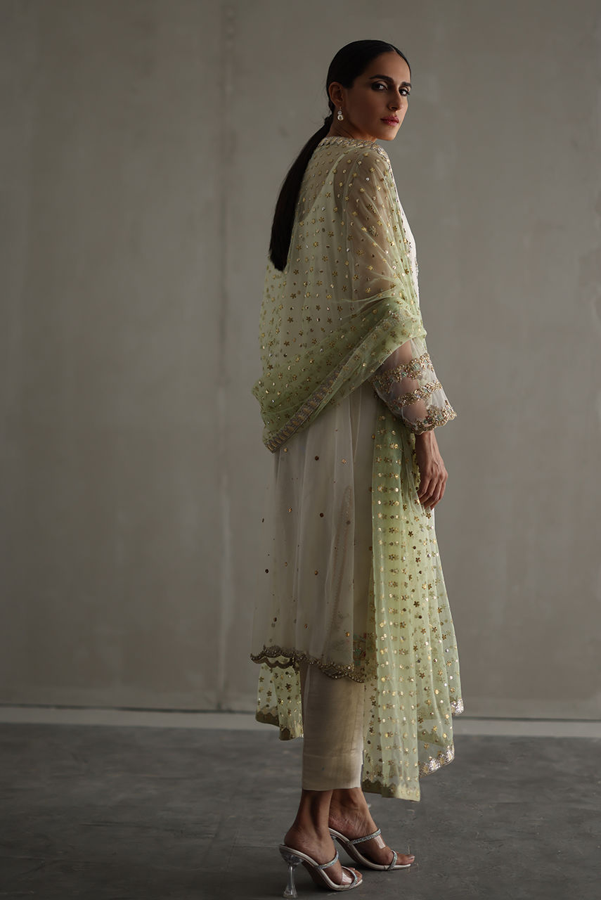 Ivory Embroidered Net Salwar Kameez (3-Piece) - Image 3