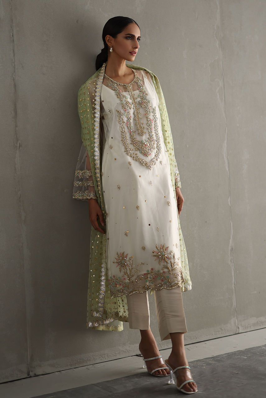 Ivory Embroidered Net Salwar Kameez (3-Piece) - Image 4