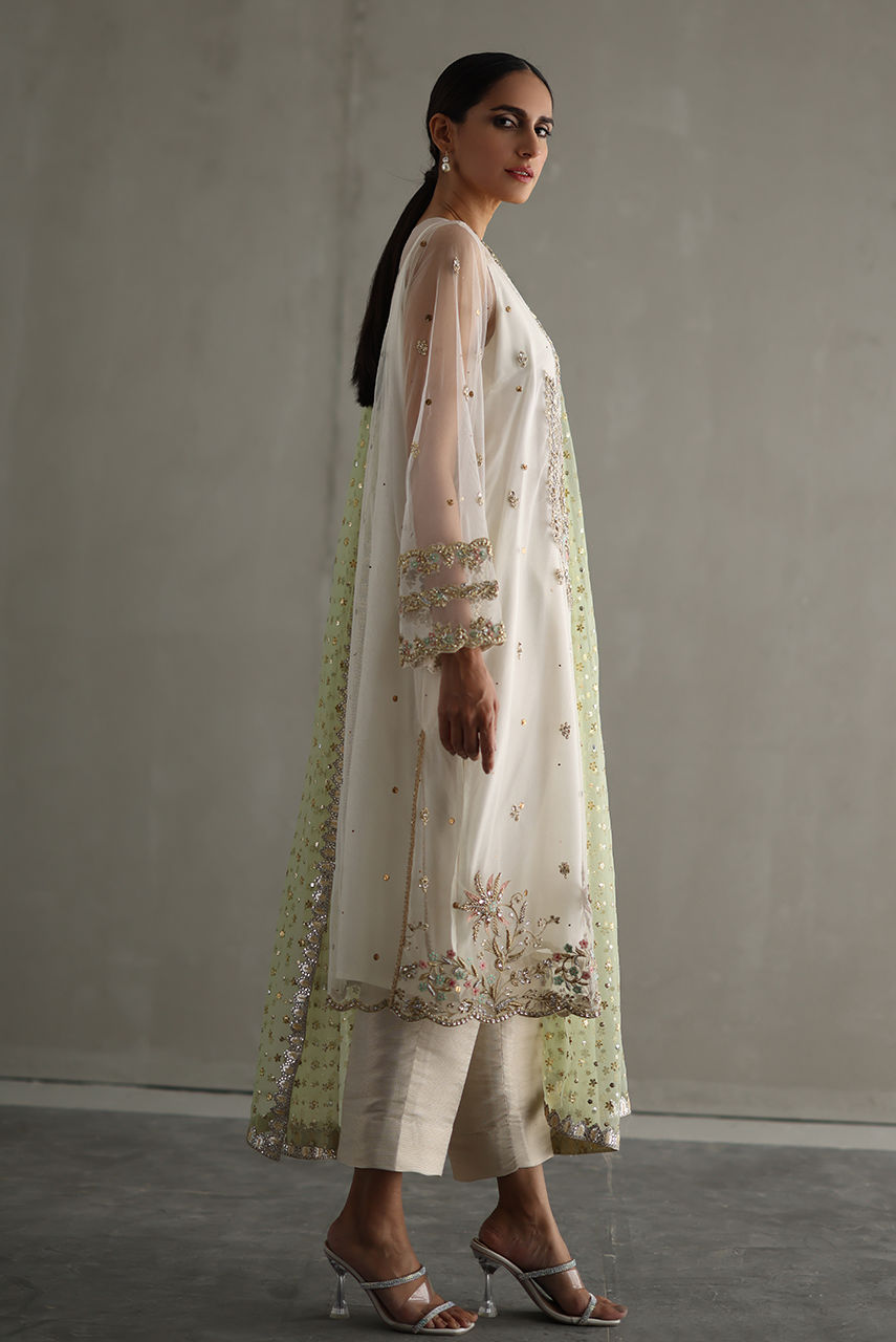 Ivory Embroidered Net Salwar Kameez (3-Piece) - Image 5