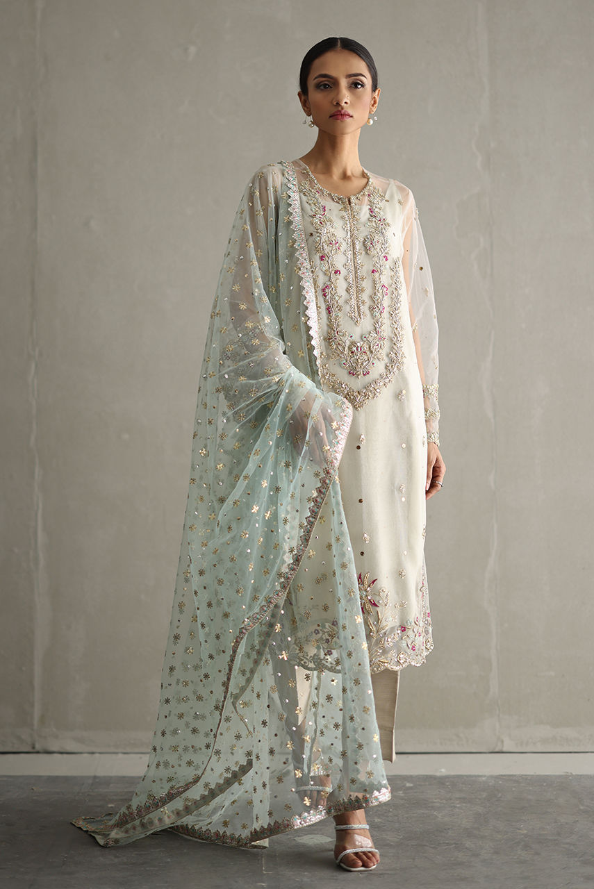 Pakistani Ivory Zardozi Embroidered Net Salwar Kameez (3-Piece) - Image 1