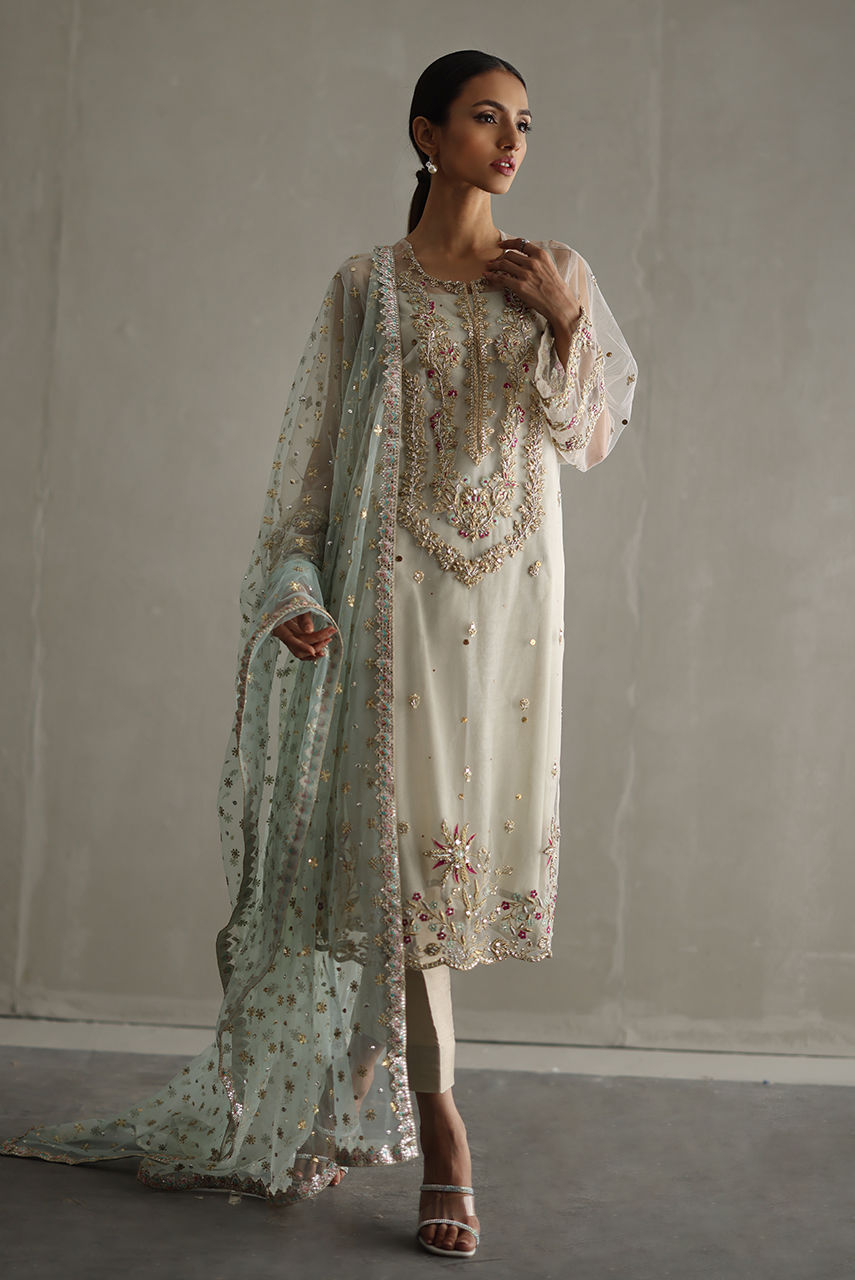 Pakistani Ivory Zardozi Embroidered Net Salwar Kameez (3-Piece) - Image 2