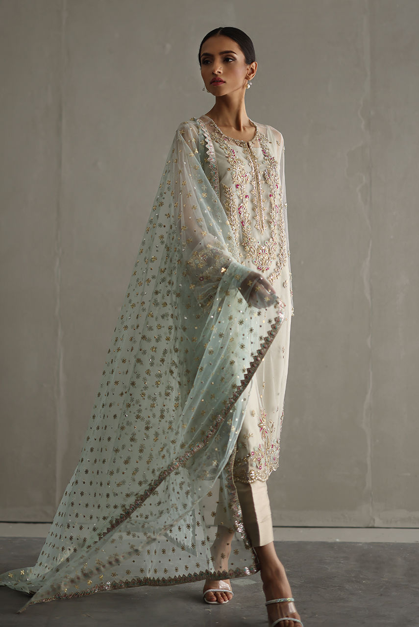 Pakistani Ivory Zardozi Embroidered Net Salwar Kameez (3-Piece) - Image 3